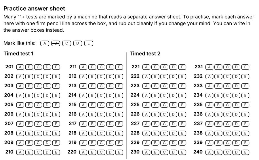 The practice answer sheet for the first timed test, with a row of lozenges A to E for each question.